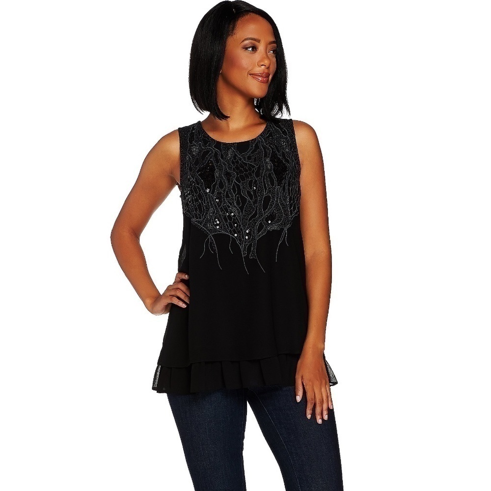 LOGO Lavish Cotton Slub Tank with Chiffon Trim